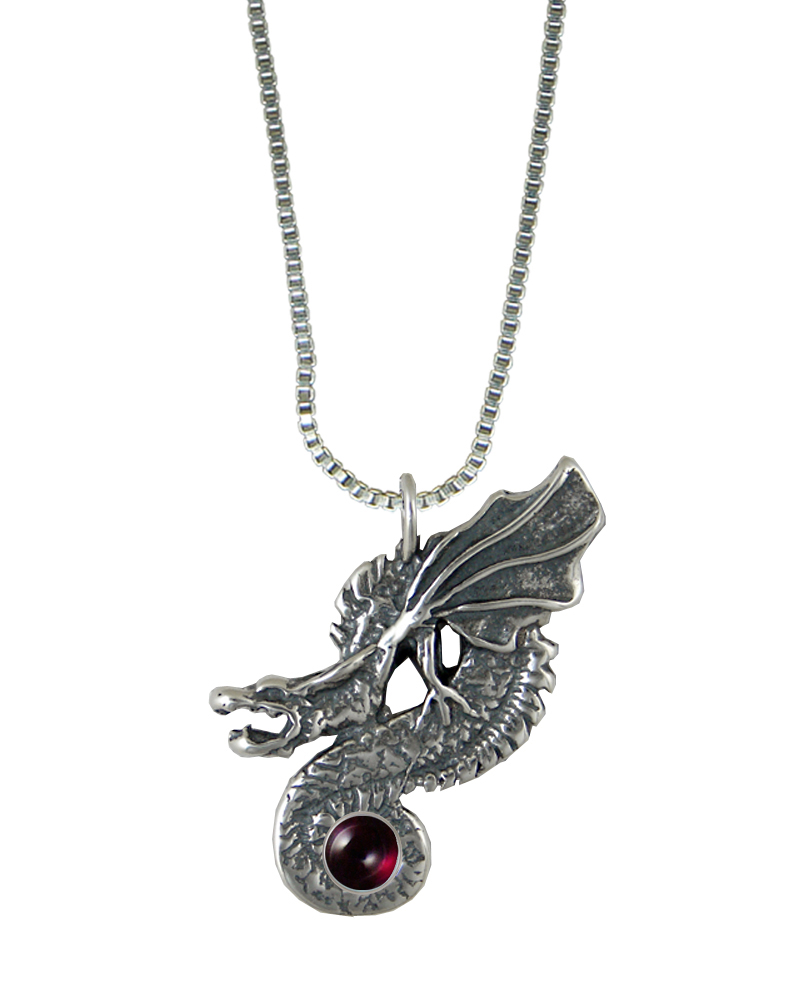 Sterling Silver Wyvern Dragon Pendant With Garnet